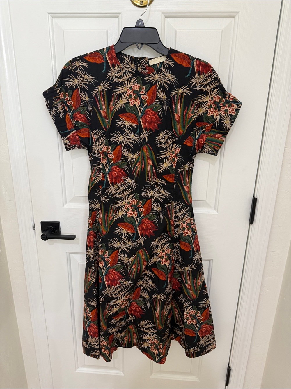 Ulla Johnson Black Tropical Floral Fit & Flare Dress with Red and Green Accents